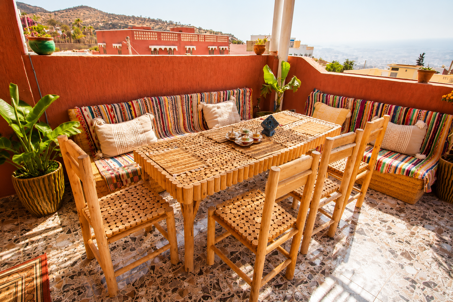 Outdoor dining terrace at a surf camp in Tamraght Morocco