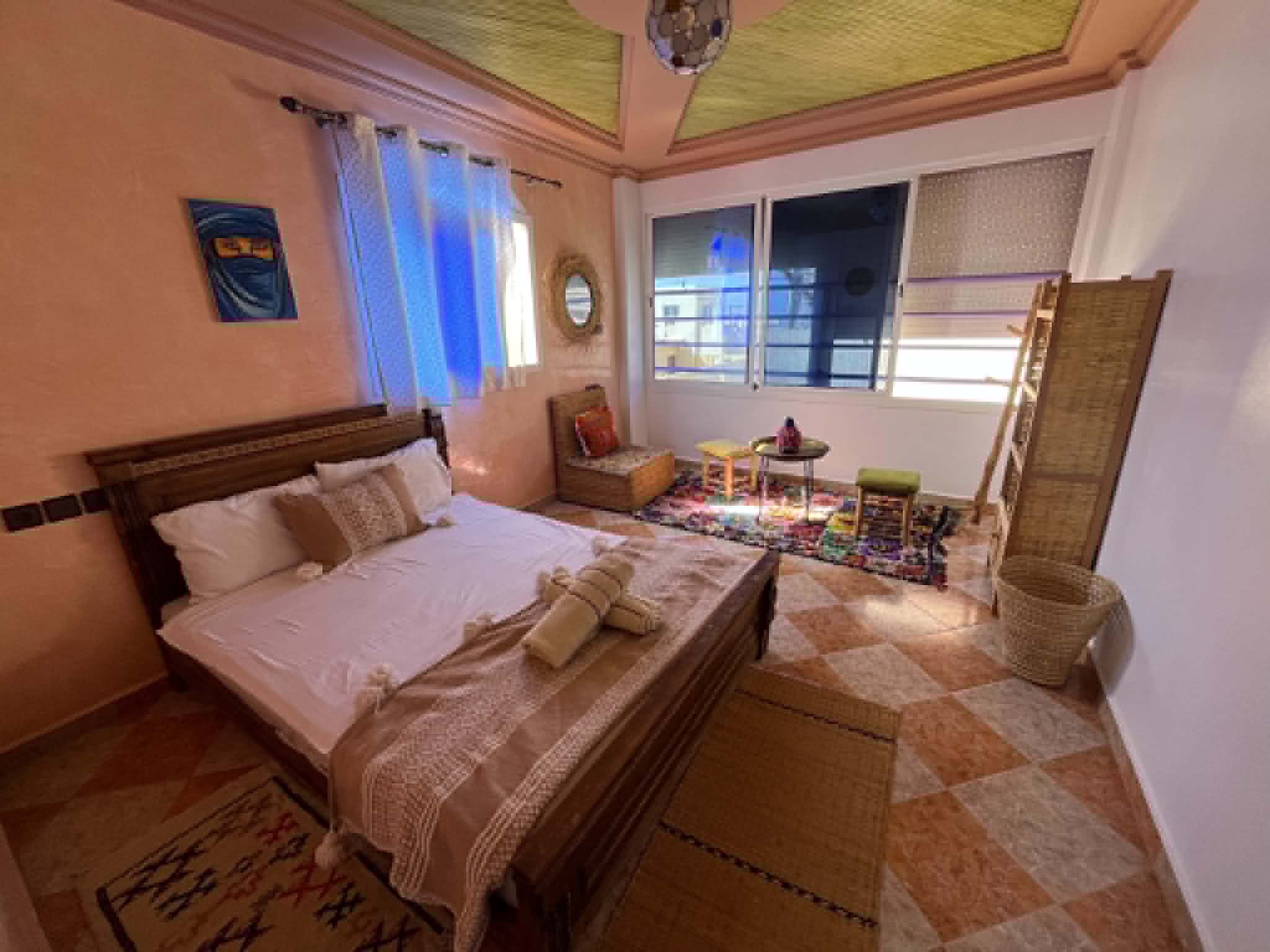 Private double bedroom at a surf camp in Tamraght Morocco